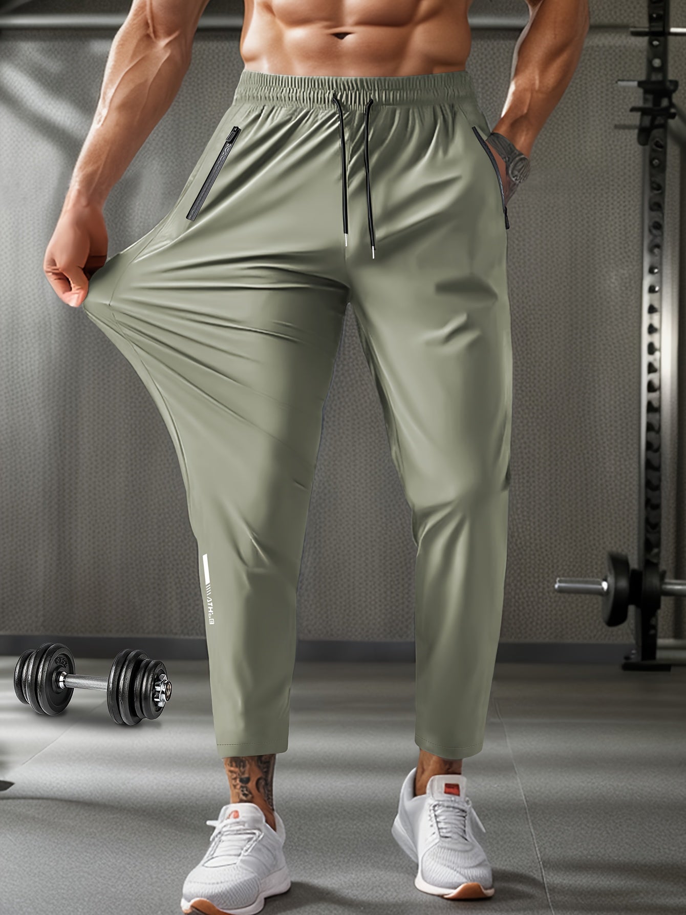 Men's High-Elasticity 7/8 Length Athletic Pants with Drawstring Waist & Zipper Pockets - Moisture-Wicking Workout Joggers for Gym, Running, Casual Wear - 3 Colors (Grey/Green/Black) - Spring Summer Fall Training Pants