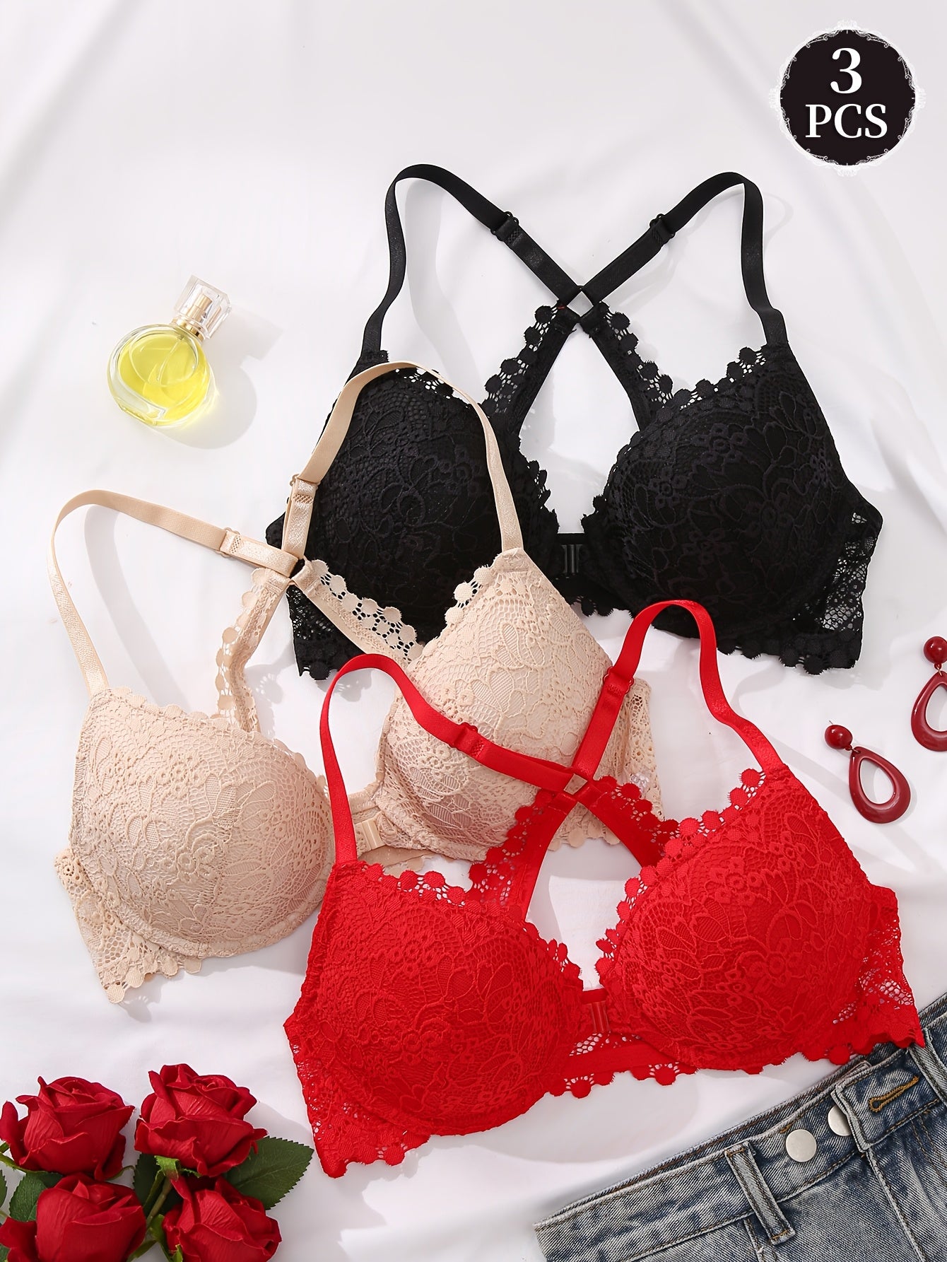 3pcs Women'S Lace Gathering Bra - Front Closure Design, Non-detachable Pads, Steel Band Support, Lace Design, Suitable For Daily And Special Occasion Lingerie, Elegant Lingerie, Lifting Bra, Women'S Lingerie, Gathering Bra.