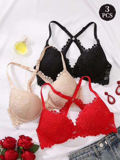 3pcs Women'S Lace Gathering Bra - Front Closure Design, Non-detachable Pads, Steel Band Support, Lace Design, Suitable For Daily And Special Occasion Lingerie, Elegant Lingerie, Lifting Bra, Women'S Lingerie, Gathering Bra.