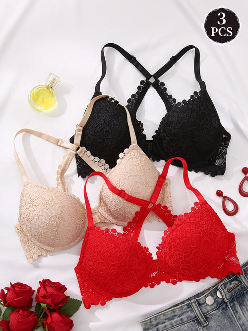 3pcs Women'S Lace Gathering Bra - Front Closure Design, Non-detachable Pads, Steel Band Support, Lace Design, Suitable For Daily And Special Occasion Lingerie, Elegant Lingerie, Lifting Bra, Women'S Lingerie, Gathering Bra.
