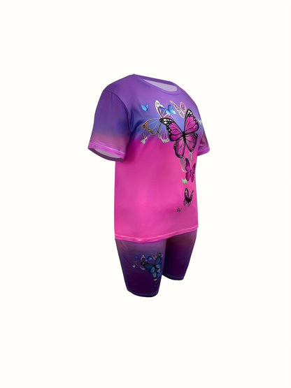 Plus Size Butterfly Print Ombre Two-piece Set, Crew Neck Short Sleeve Top & Shorts Outfits, Women's Plus Size聽Clothing