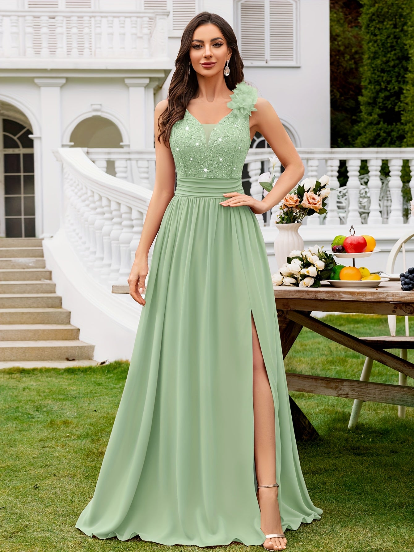 24451A Elegant Womens Mesh Deep V Neck Sequin Lace Maxi Dress, Sleeveless Applique Shoulder, Back V Neck, Ruched A Line Waist, High Thigh Slit Hem, Perfect For Formal Wedding Guest, Prom, Bridesmaid Party, Graduation Season, Wedding Season