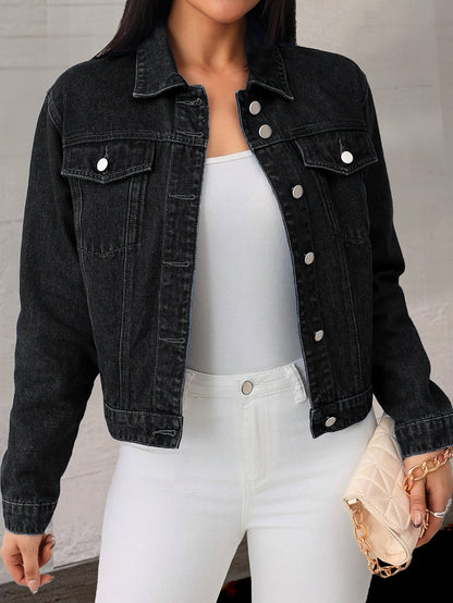 Women Black Denim Jacket Classic Button Front Long Sleeve Casual Outerwear Stylish Collared Short Coat with Pockets Soft Durable Fashion Streetwear Versatile All Season Layering Piece Comfortable Trendy Daily Outfit Essential Chic Modern Denim Style