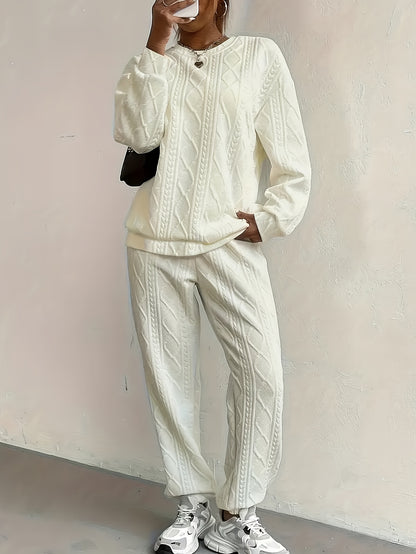 New Spring And Autumn Collection Of European And American Women'S Clothing - Jacquard Long - Sleeve Casual Round - Neck Sweatshirt And Trousers Set.Women'S Suits, Women'S Two-piece Suits