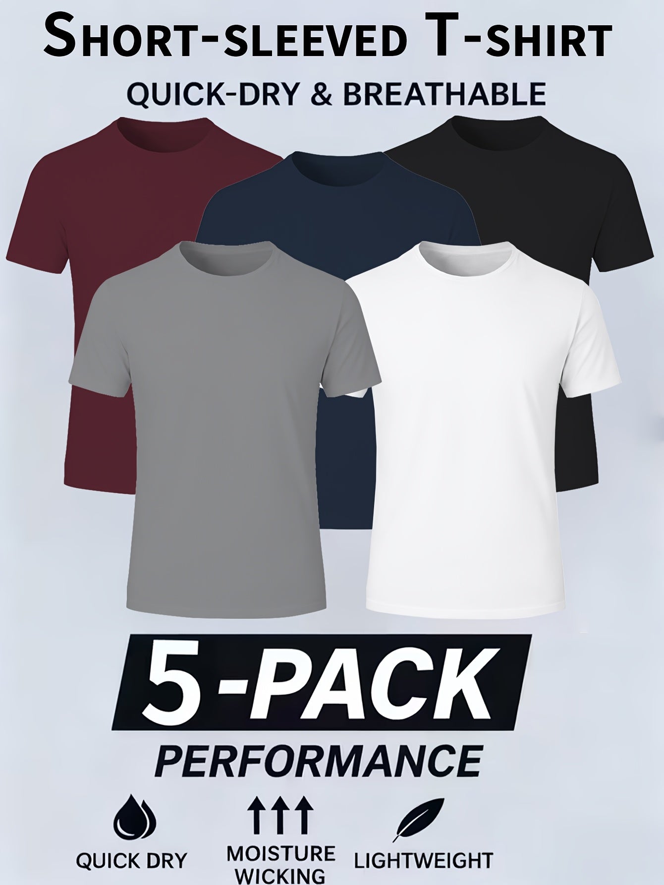 5pcs Men's Quick-Dry T-Shirts - Breathable & Moisture-Wicking Polyester, Crew Neck Sports Tees for Gym, Running & Casual Wear.