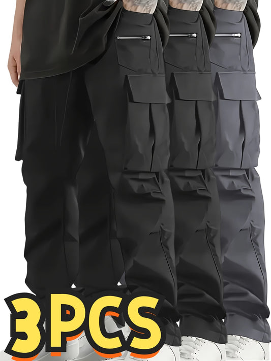 Set of 3 Men'S Relaxed Fit Work Trousers, Casual Cargo Style, Airy And Comfortable Loose Straight Leg Pants Featuring Various Pockets Suitable for All Seasons - Casual Outdoor Trousers Ideal for Hiking And Fishing