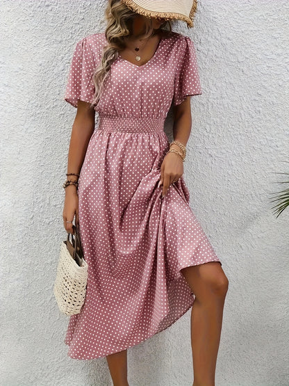 Women'S Long Dress in Pink with Polka Dots - Casual V-Neck, Ruffled Sleeves, Waist-Enhancing Style, Made of Lightweight, Ideal for Spring/Summer, Machine Washable