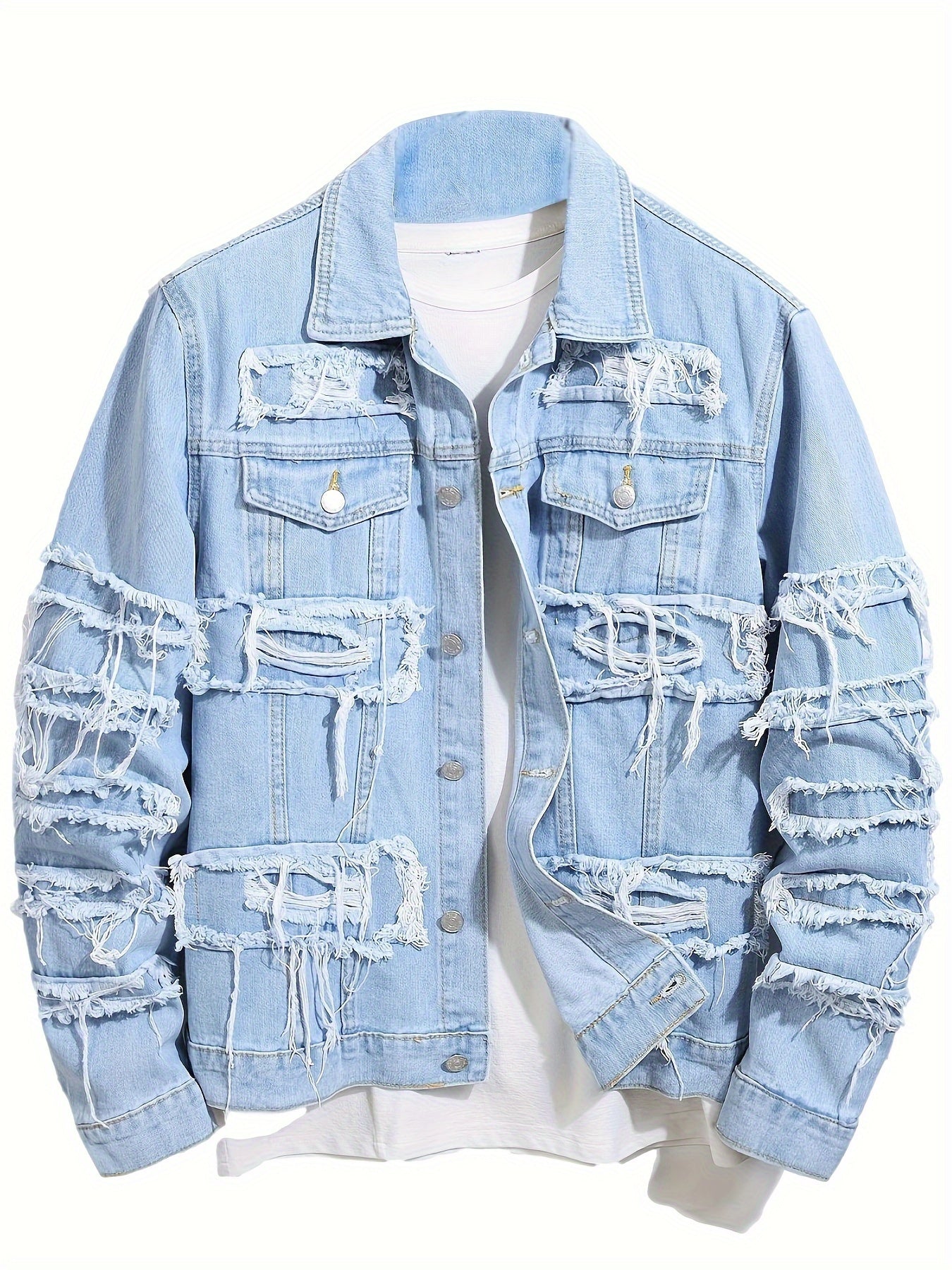 Men'S Ripped Denim Jacket Slim Fit Jean Outerwear Streetwear Casual Coat