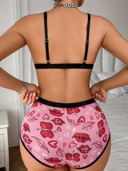4sets Sexy Lingerie Set, Romantic Heart And Red Lip Print, Breathable Trendy Printed Comfortable Front Closure Bra And Panty Set, Quick-drying Sports Underwear Set, Contrast Letter Straps Detailing, Women'S Sexy Lingerie & Underwear