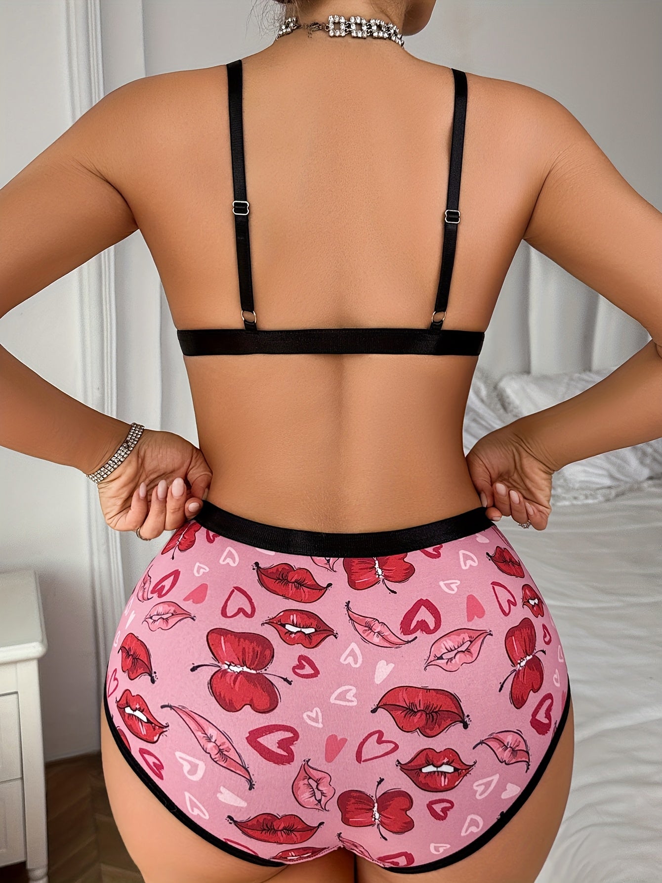 4sets Sexy Lingerie Set, Romantic Heart And Red Lip Print, Breathable Trendy Printed Comfortable Front Closure Bra And Panty Set, Quick-drying Sports Underwear Set, Contrast Letter Straps Detailing, Women'S Sexy Lingerie & Underwear