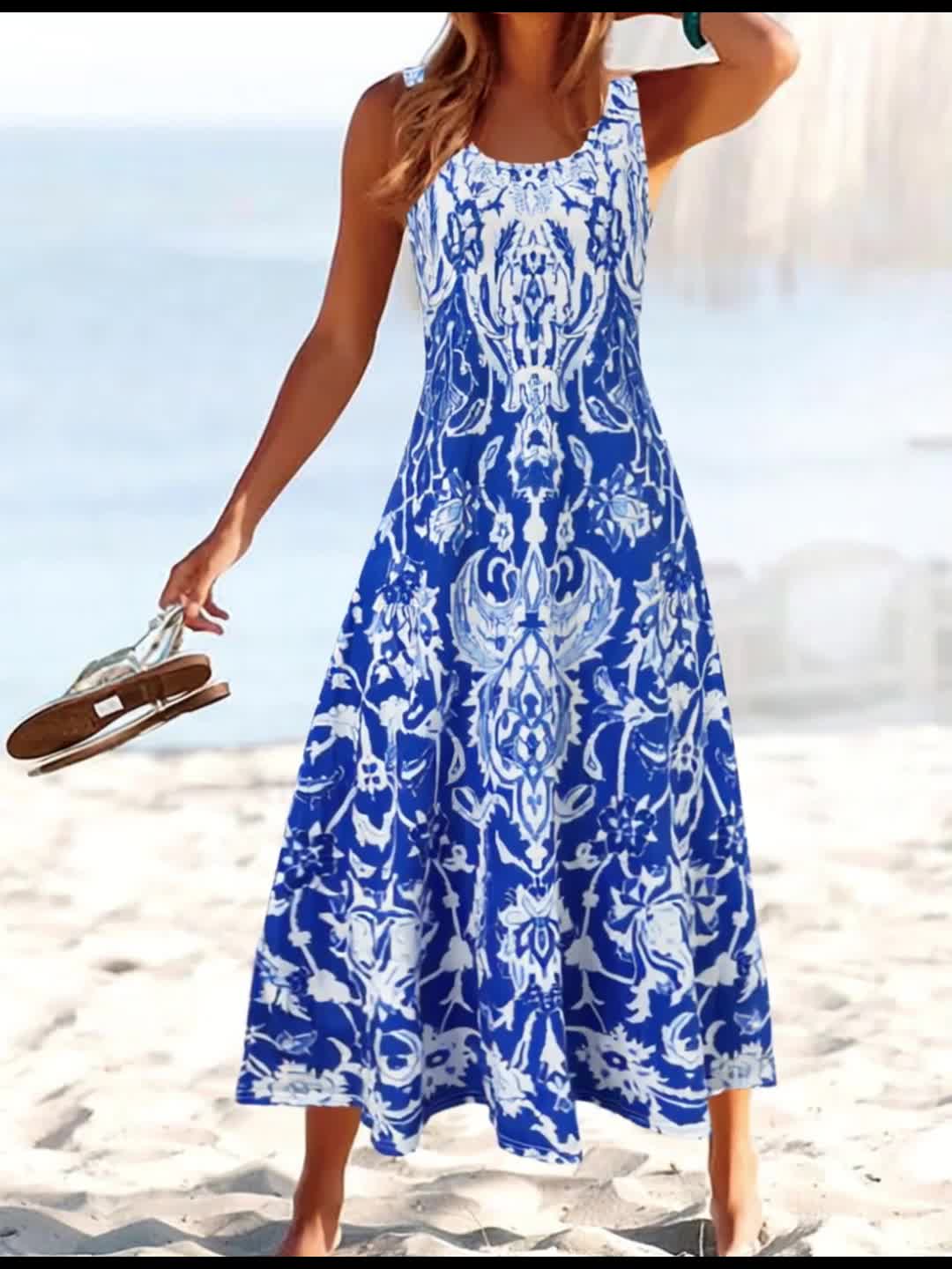 Floral Beach Dress with Pockets – Khaki geometric floral print – view 5