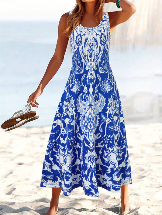 Floral Beach Dress with Pockets – Square Neck Khaki Style – Khaki option – main product image