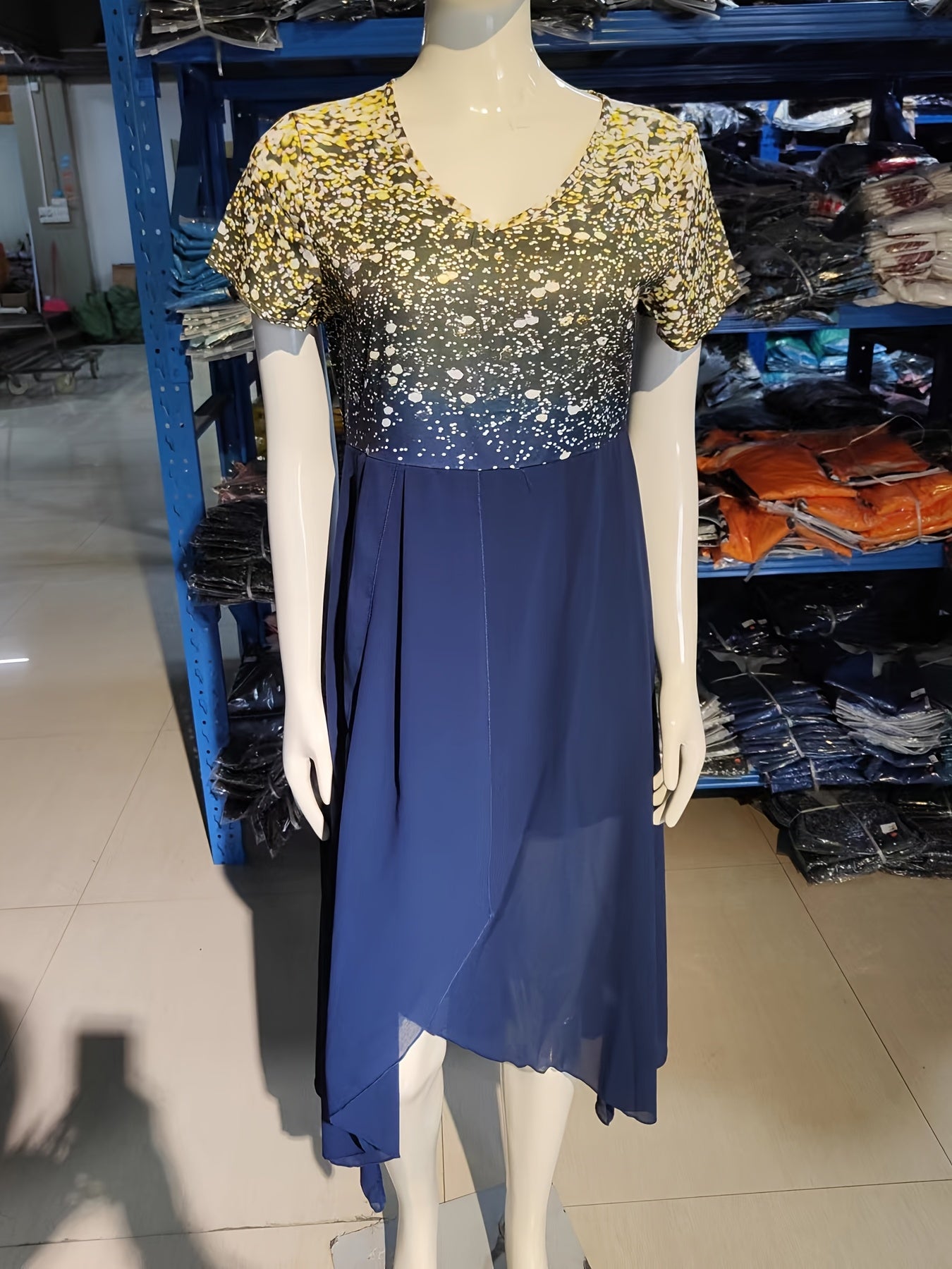 Floral Chiffon Dress – Yellow positioned floral print with color-block details – view 2