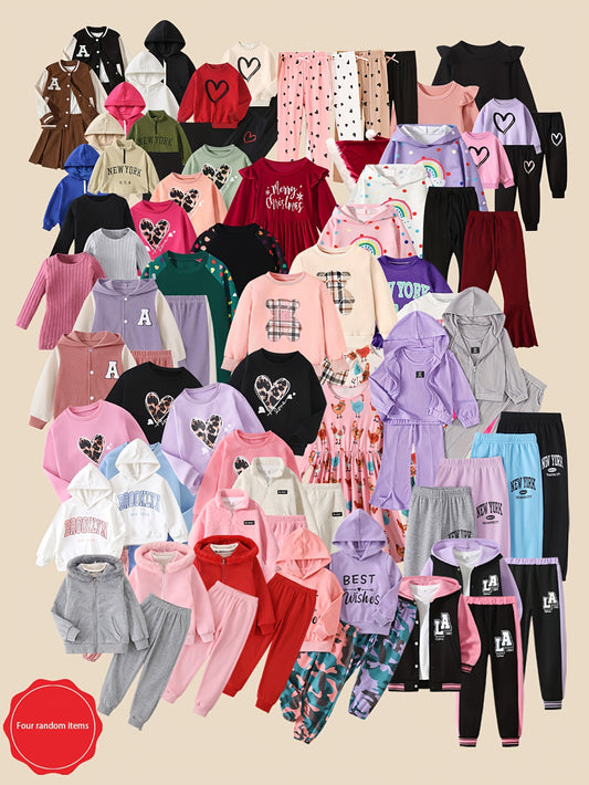 Girls' Autumn Winter Outfit Sets - 4-Set Random Print Hoodie Styles – main product image