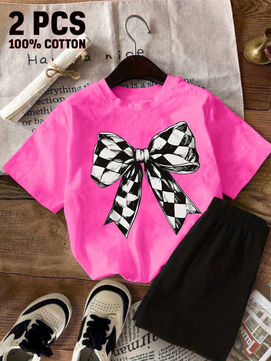 Girls' Bow Detail Outfit Set - Short Sleeve Summer 5365 – Red option – main product image