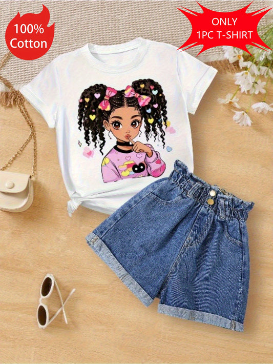 Girls' Cartoon Girl T-Shirt - Short Sleeve – White option – main product image