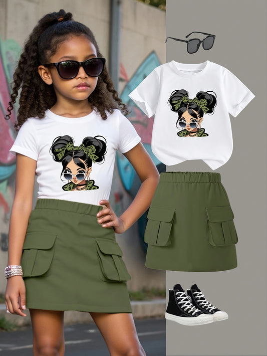 Girls' Cartoon Outfit Set - Short Sleeve Summer – White option – main product image