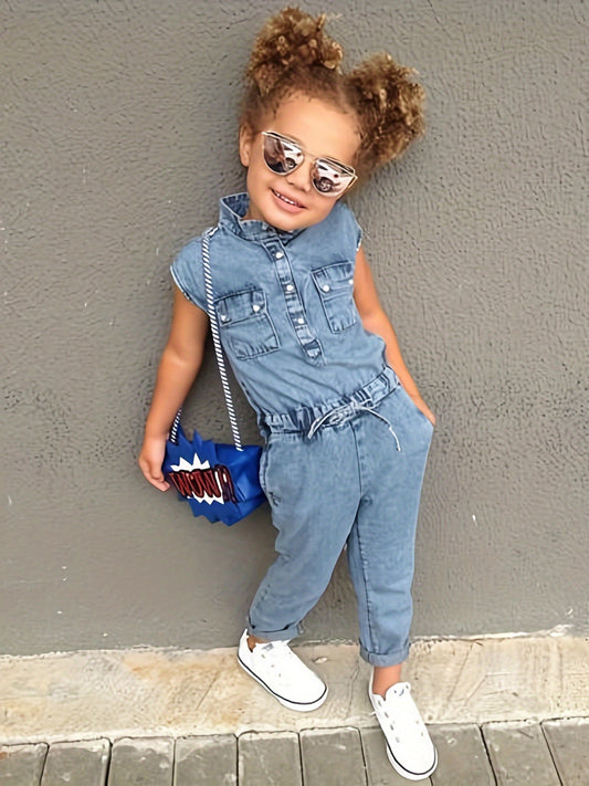 Girls' Denim Jumpsuit - Sleeveless Fall Style – Blue option – main product image