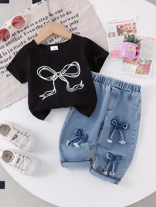 Girls' Denim Outfit Set - Short Sleeve Spring – Black option – main product image