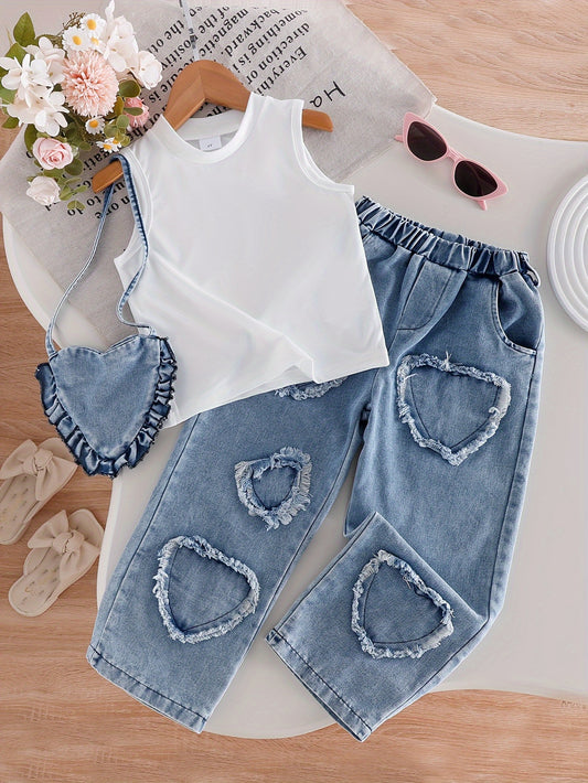 Girls' Denim Outfit Set - Sleeveless Fall – White option – main product image