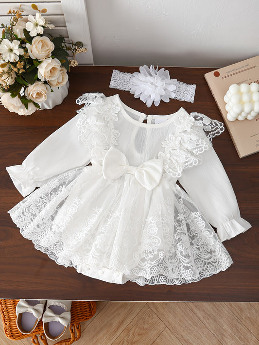 Girls' Outfit Set – Baby White Lace Floral Long-Sleeve Dress – White option – main product image