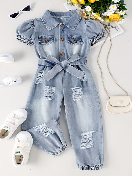 Girls' Outfit Set – Girls' Royal Blue Denim Long-Sleeve Short-Sleeve Jumpsuit – Blue option – main product image