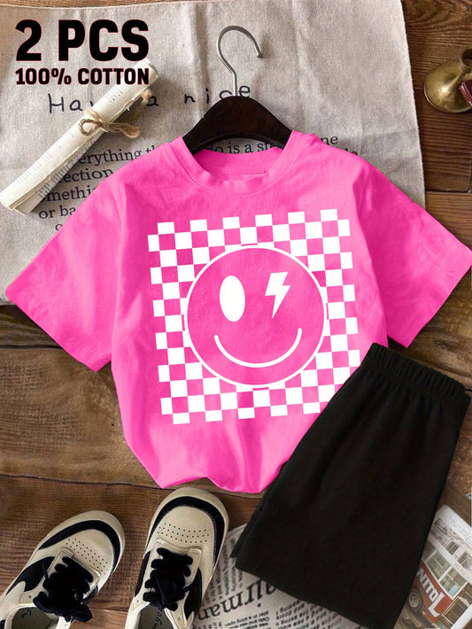 Girls' Plaid Outfit Set - Short Sleeve Summer – main product image