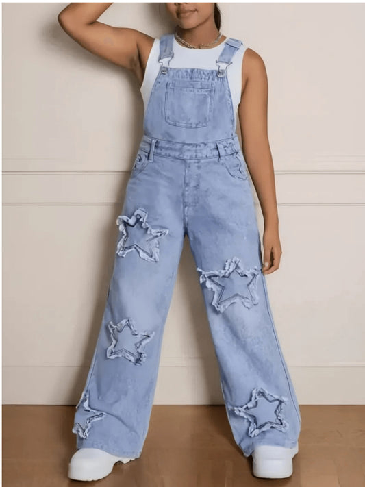 Girls' Star Embroidered Denim Overalls - Wide Leg – Blue option – main product image