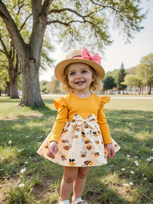 Girls' Yellow Polyester Printed Ruffle Dress – Yellow option – main product image