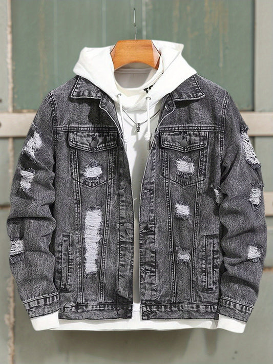 Men's Distressed Black Denim Jacket – Button-Front Ripped Style detail view