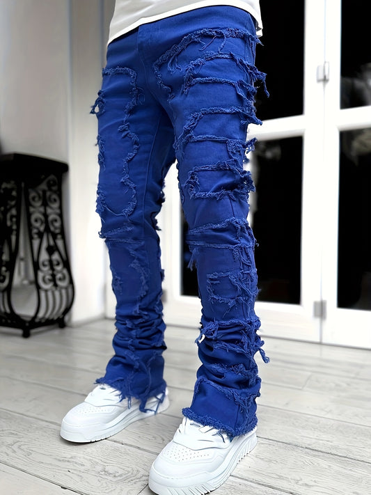 Men's Distressed Fringe-Hem Jeans - Washed Blue Stretch Denim Look – main product image