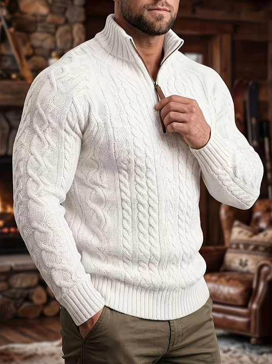Men's Half-Zip Knit Sweater - Stand Collar Cable Pattern – White option – main product image