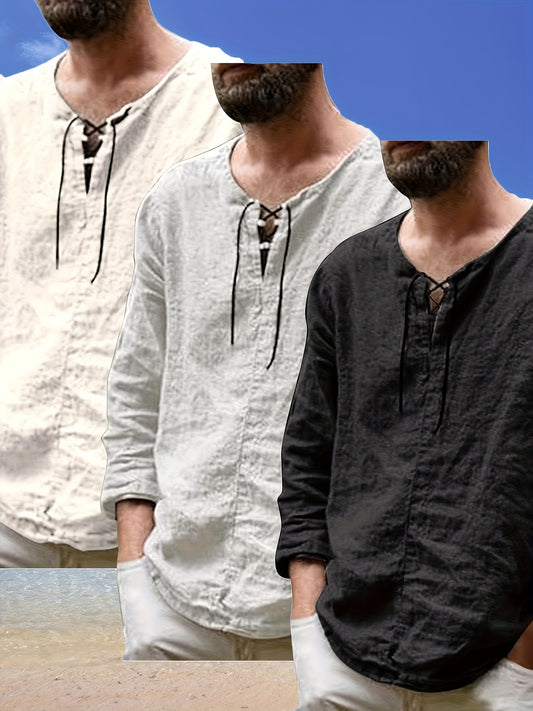 Men's Lace Detail Casual Shirt - V-Neck Long Sleeve – main product image
