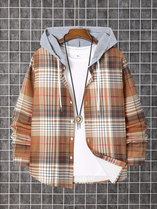 Men's Plaid Long Sleeve Hooded Shirt - Stretch – main product image
