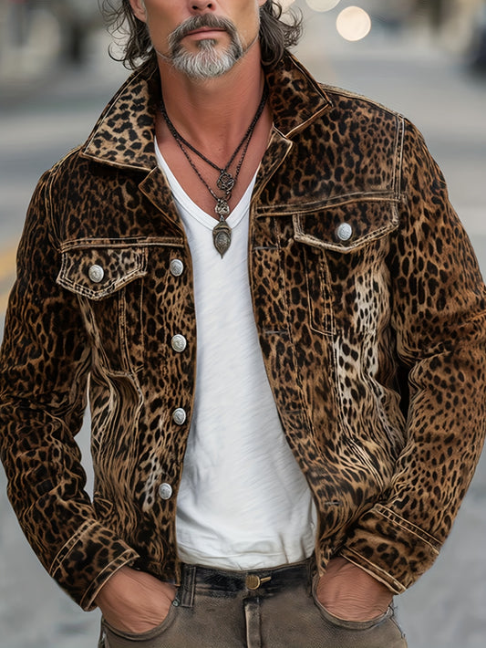 Men's Relaxed Denim Leopard Print Coat – Brown option – main product image