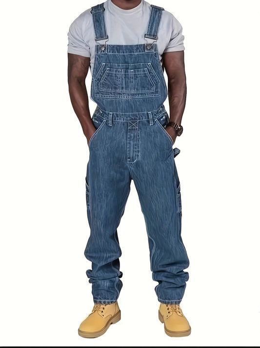 Men's Retro Denim Overalls - Loose Multi-Pocket Workwear – Blue option – main product image