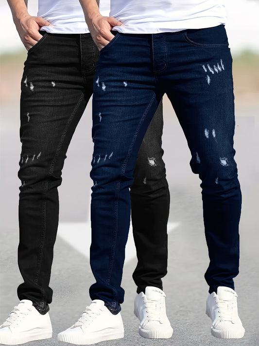 Men's Ripped Stretch Jeans 2-Pack - Streetwear Denim Set – Black option – main product image