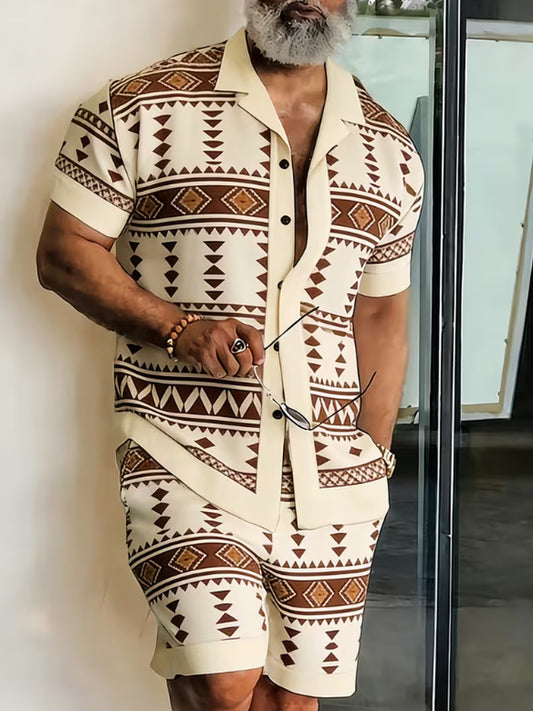 Men's Shirt and Shorts Set - Geometric Print Summer Style – Khaki option – main product image