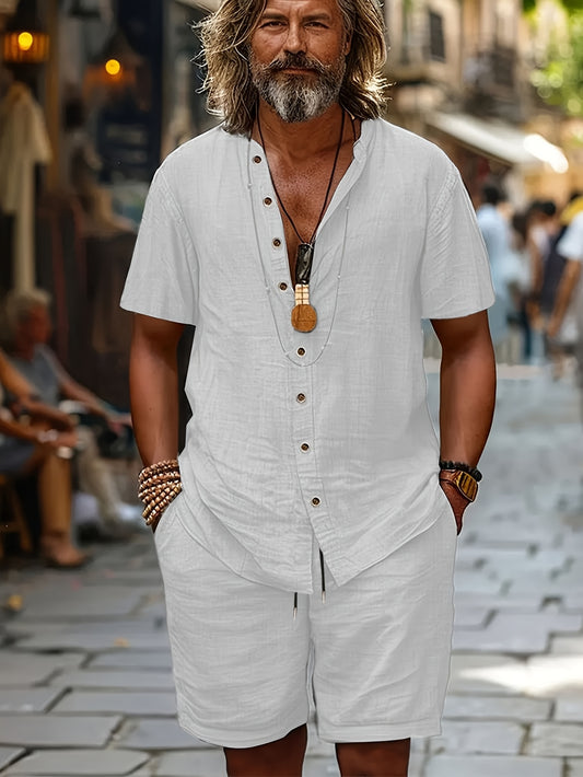 Men's Shirt and Shorts Set - Solid Color Summer Style – Black option – main product image