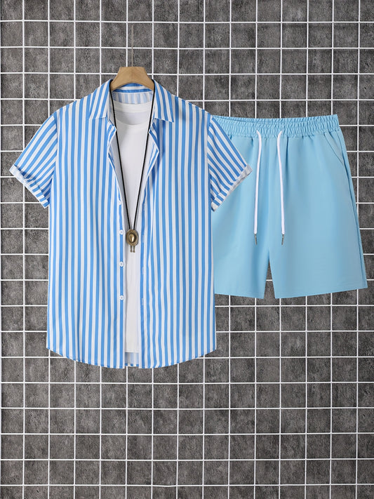 Men's Shirt and Shorts Set - Striped Summer Style – Brown option – main product image