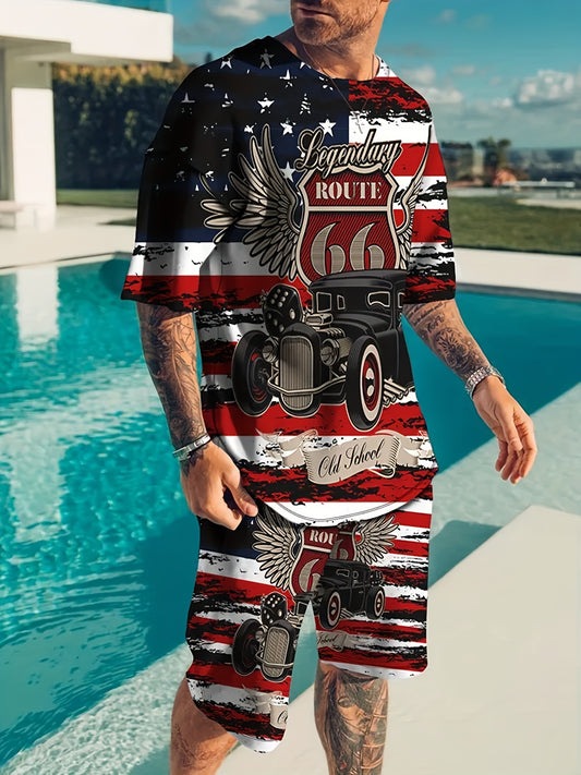 Men's Shirt and Shorts Set - Vintage Car Print Summer Style – Red option – main product image