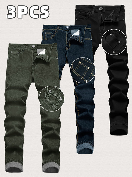Men's Slim Fit Jeans - Classic Wash Clean Finish Streetwear – Black & Army Green & Dark Blue – Black option – main product im
