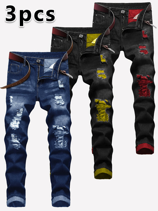 Men's Slim Fit Jeans - Classic Wash Distressed – 3-Color Selection – Black option – main product image