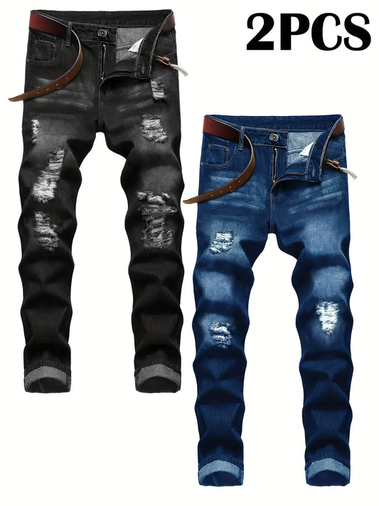 Men's Slim Fit Jeans - Classic Wash Distressed – Black+Blue Denim Slim-Fit – main product image