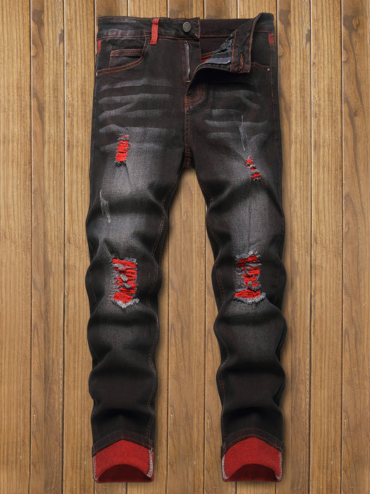 Men's Slim Fit Jeans - Classic Wash Distressed – Black Red – Black option – main product image