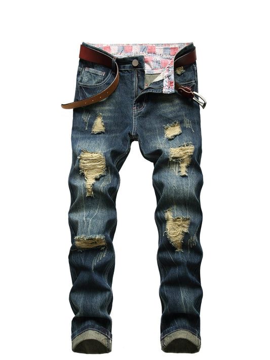 Men's Slim Fit Jeans - Classic Wash Distressed – Dark Blue – Blue option – main product image