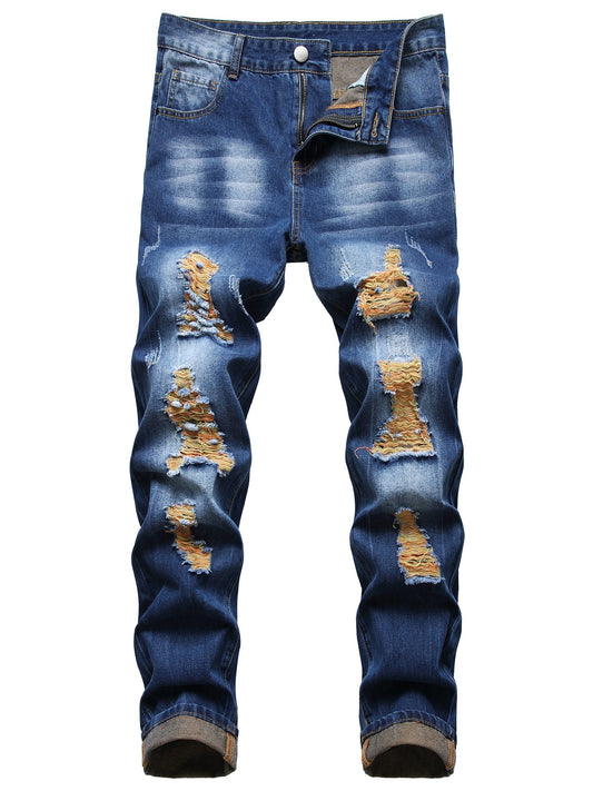 Men's Slim Fit Jeans - Classic Wash Distressed Streetwear – Dark Blue – Blue option – main product image