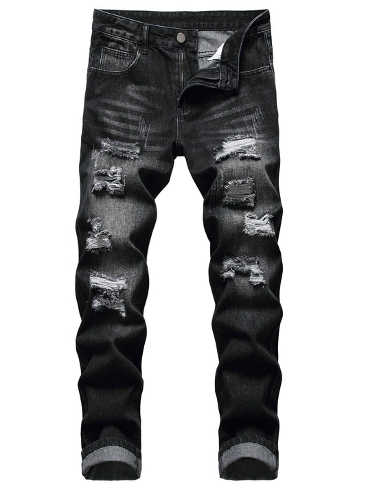 Men's Straight Leg Jeans - Black Denim Distressed – Black option – main product image
