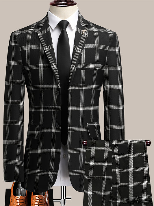 Men's Suit Set – Men's Black Grid Polyester Slim-Fit Dress – main product image