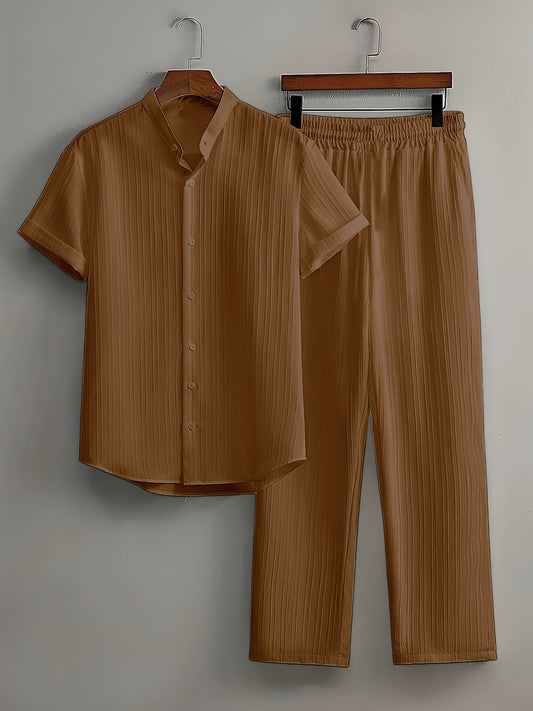 Men's Textured Short-Sleeve Shirt & Pants Set – Brown – Black option – main product image